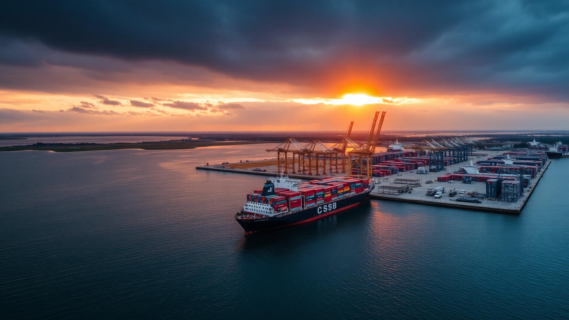 Hafen Kiel mit Containerschiff bei Sonnenuntergang